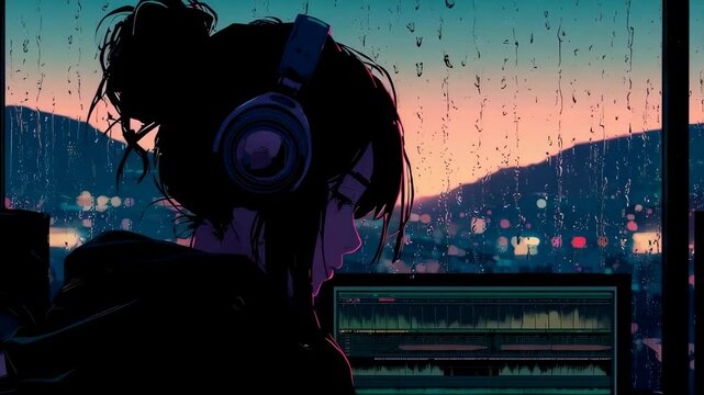 Person operating music equipment, sound waves, while watching mountain sunset rain 4K Seamless loop animation