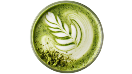 Delicious matcha latte with artistic foam design, isolated on white background.