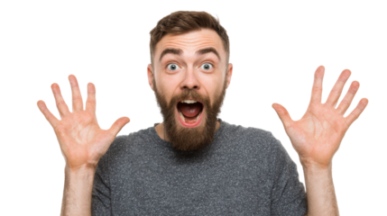 Excited man with raised hands expressing joy, isolated on white background.