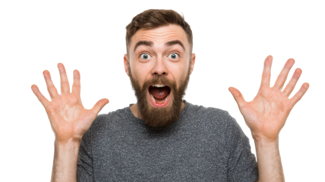 Excited man with raised hands expressing joy, isolated on white background. - Powered by Adobe