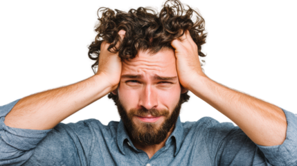 Frustrated man with curly hair holding his head in emotional distress, isolated on white background.