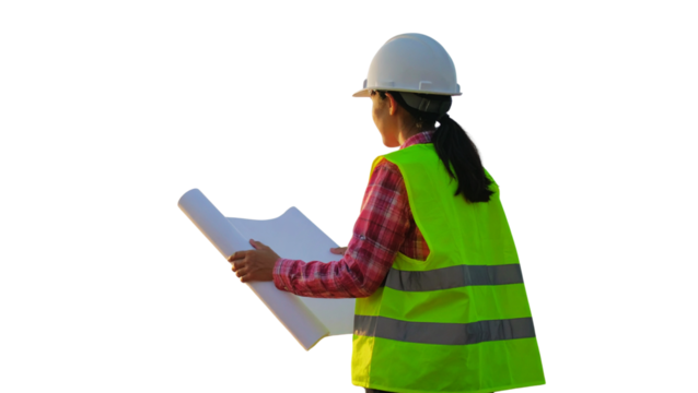A confident female architect and construction worker in a yellow safety helmet holds blueprints, smiling professionally in the industry