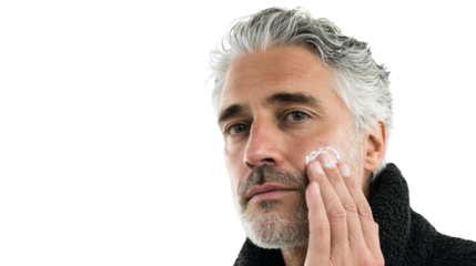 Man applying cream to his face, focusing on skincare routine, white isolate background.