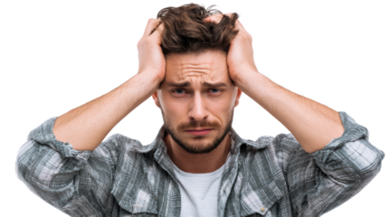 Man feeling stressed and overwhelmed, hands on head, isolated on white background.