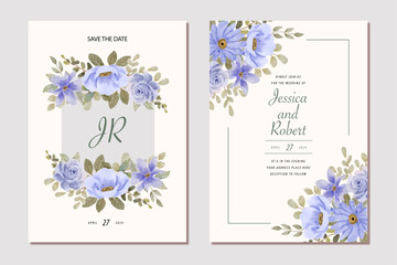 wedding invitation card with blue floral watercolor