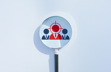 Recruitment and candidate, HR Human resources Recruitment Team Staff management, Magnifying glass focus on target, finding job, Search for resume register, job interview, find your career