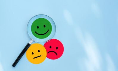 Positive thinking feedback, World mental health day, Magnifying glass focus Satisfied feedback icon, Excellent review result, Customer giving rating for experience or quality product, Opinion survey