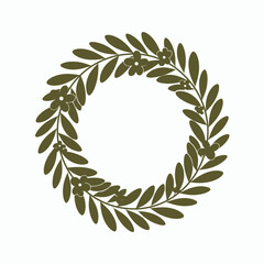 A circular wreath of olive green leaves and small flowers against a white background