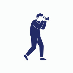 A dark blue silhouette illustration of a photographer in action