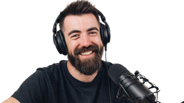 Smiling man with headphones, showcasing a joyful and engaging personality, perfect for podcast or music themes.