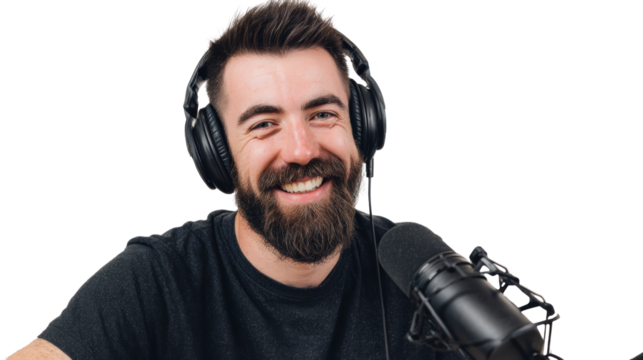 Smiling man with headphones, showcasing a joyful and engaging personality, perfect for podcast or music themes. - Powered by Adobe
