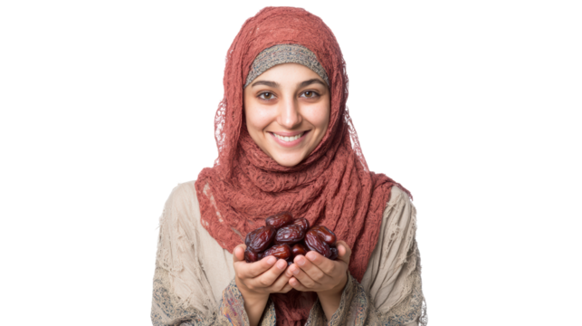 Smiling woman in hijab holding dates, white isolate background.