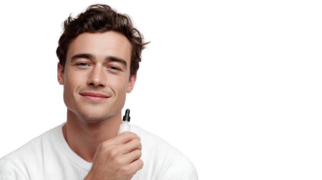 Smiling young man holding a pen in hand, looking confident and friendly, on a white isolated background.