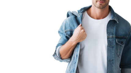 Stylish man poses confidently in a denim jacket against a white backdrop.