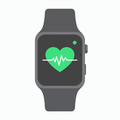 A gray smartwatch showing a heart rate monitor with a green heart and a white EKG line