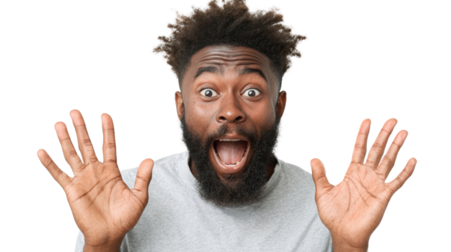 Surprised man expressing joy and excitement with hands raised, isolated on white background.