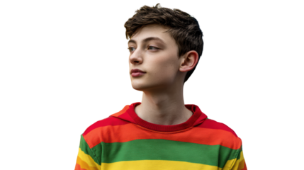 Young boy with colorful striped hoodie, thoughtful expression against white isolated background.