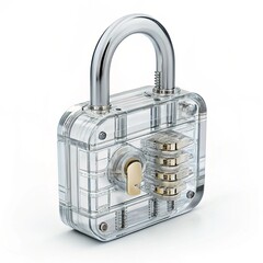 A standard padlock, but it's impeccably crafted from crystal-clear glass, revealing all the intricate inner workings and mechanisms in perfect, sharp detail. The lock is in a closed position