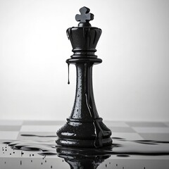 A single, black king chess piece, but it's made of wax and is actively melting, with thick drips running down its side onto a reflective surface, symbolizing the end of a game or a change in power.