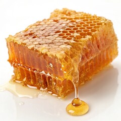 A perfect, hexagonal piece of natural honeycomb, rich in golden amber color, with a single, thick, viscous drop of honey slowly dripping from the bottom edge