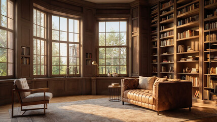 Sunlit Cozy Elegant Home Library with Window and Books Empty Room. Zoom Virtual Backgrounds, Cozy Interior Backdrops, Living Room Backgrounds for Virtual Meetings.