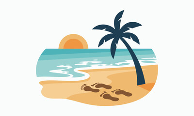 A stylized illustration of a tropical beach at sunset featuring a palm tree waves and footprints in the sand