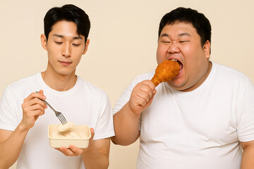 Korean man, obesity, obesity rate, diet control photo, obese Asian man is eating chicken, skinny Asian man is eating chicken breast, diet before after stock image