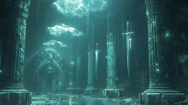 Giant fantasy sword floating in ancient mystical cave with green light atmosphere footage