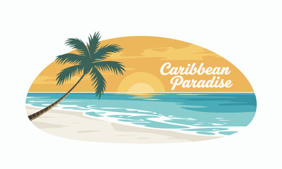 A vector illustration of a tropical beach at sunset with a palm tree ocean and the words Caribbean Paradise