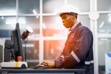 High tech factory caucasian engineer uses computer for programming pick and place surface mount...
