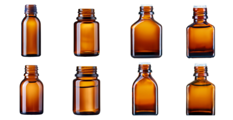 Elegant amber glass bottle isolated on transparent background perfect for cosmetic or medical packaging