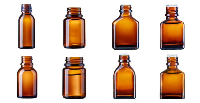 Elegant amber glass bottle isolated on transparent background perfect for cosmetic or medical packaging - Powered by Adobe
