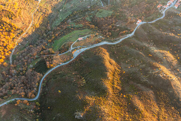 Aerial view of the Douro region near the city of Lamego at sunrise. Douro, Portugal.