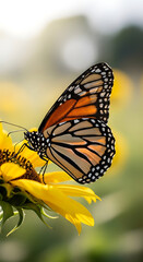 Obraz premium Close-up of a vibrant butterfly on a colorful flower, soft focus background