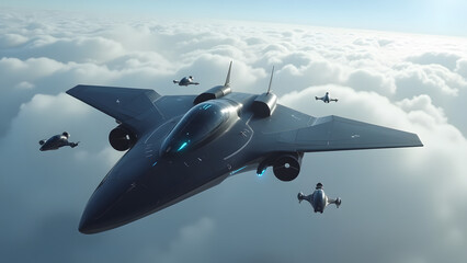 A futuristic fighter jet flying high in the sky, surrounded by multiple intelligent escort drones.