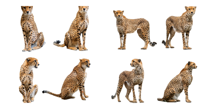 Cheetahs in different poses isolated on transparent background