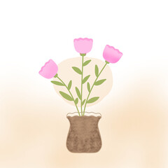 Pink Flowers in Clay Vase – Aesthetic Floral Illustration with Warm Sunset Vibes