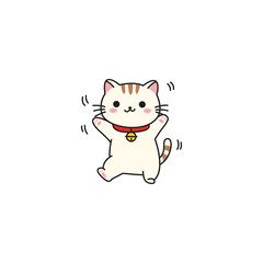 Obraz premium An icon of a white and orange striped cartoon cat standing on its hind legs with a bell collar and open mouth, expressing excitement and happiness.