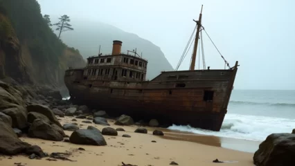 an old, decaying shipwreck resting on a rocky shoreline.