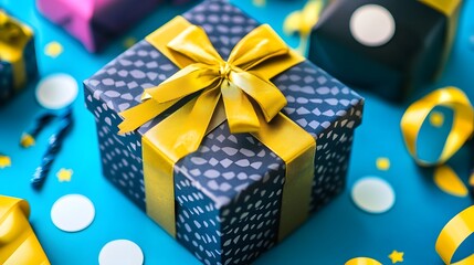 Obraz premium Festive Gift Boxes with Gold Ribbons on Blue Background