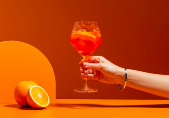 The quintessential Aperol Spritz, glowing with amber warmth in a delicate female grip, perfectly complements the sunny orange ambiance.