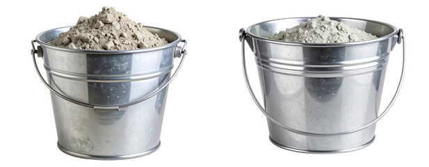 Set of Front View of Full Metal Bucket with Wet Cement, Isolated PNG