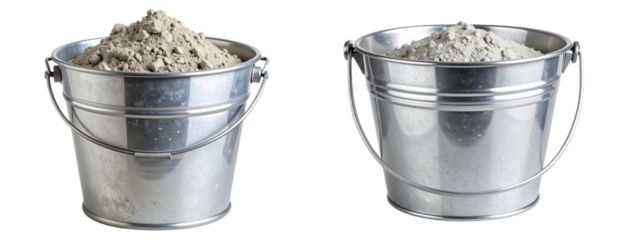 Set of Front View of Full Metal Bucket with Wet Cement, Isolated PNG