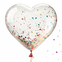 Transparent heart balloon with small confetti inside, isolated, floating, AI generated
