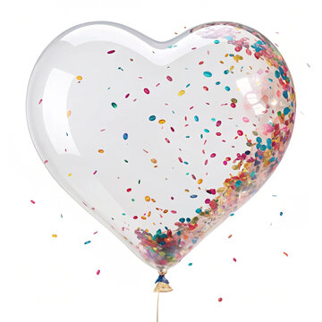 Transparent heart balloon with small confetti inside, isolated, floating, AI generated