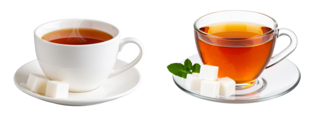 Set of Front View of Steaming Cup of Tea with Sugar Cubes on Saucer, Isolated PNG