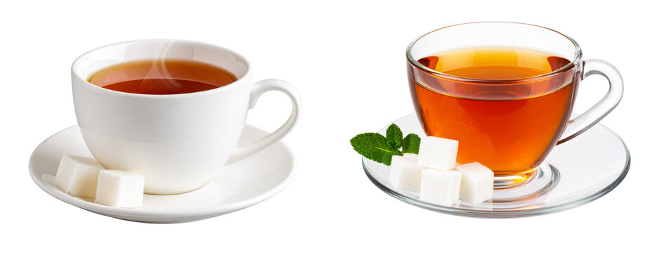 Set of Front View of Steaming Cup of Tea with Sugar Cubes on Saucer, Isolated PNG