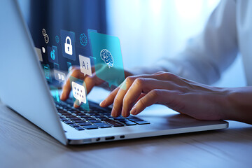 Person using laptop with AI, security, and communication interface icons; futuristic, technological, and professional mood.