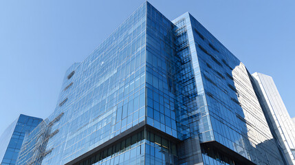 Obraz premium Modern glass office tower with clean lines in a business district, symbolizing professionalism and urban sophistication.