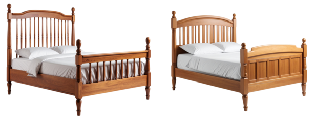 Set of Side Profile of Vintage Wooden Bed Frame with Turned Posts, Transparent Background